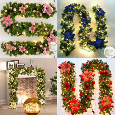9FT Pre Lit Christmas Garland 5m LED Lights Door Wreath Xmas Fireplace Decor UK
