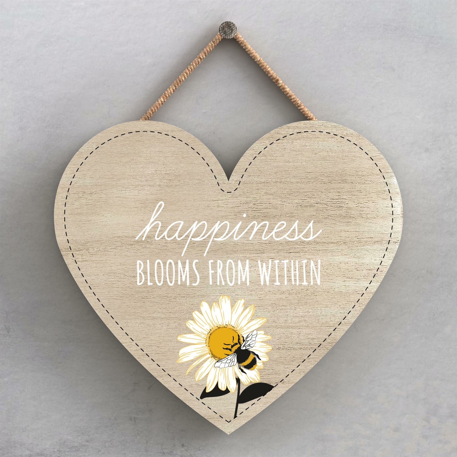 HAPPINESS BLOOMS BEE THEMED DECORATIVE WOODEN HEART SHAPED HANGING PLAQUE