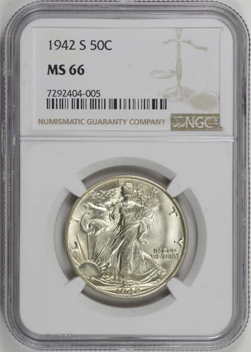 1942-S Walking Liberty Half Dollar 50c NGC MS66, Light Golden-Tone [BN005]