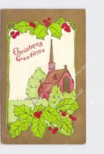 Holiday Postcard Christmas Greetings Holly Church