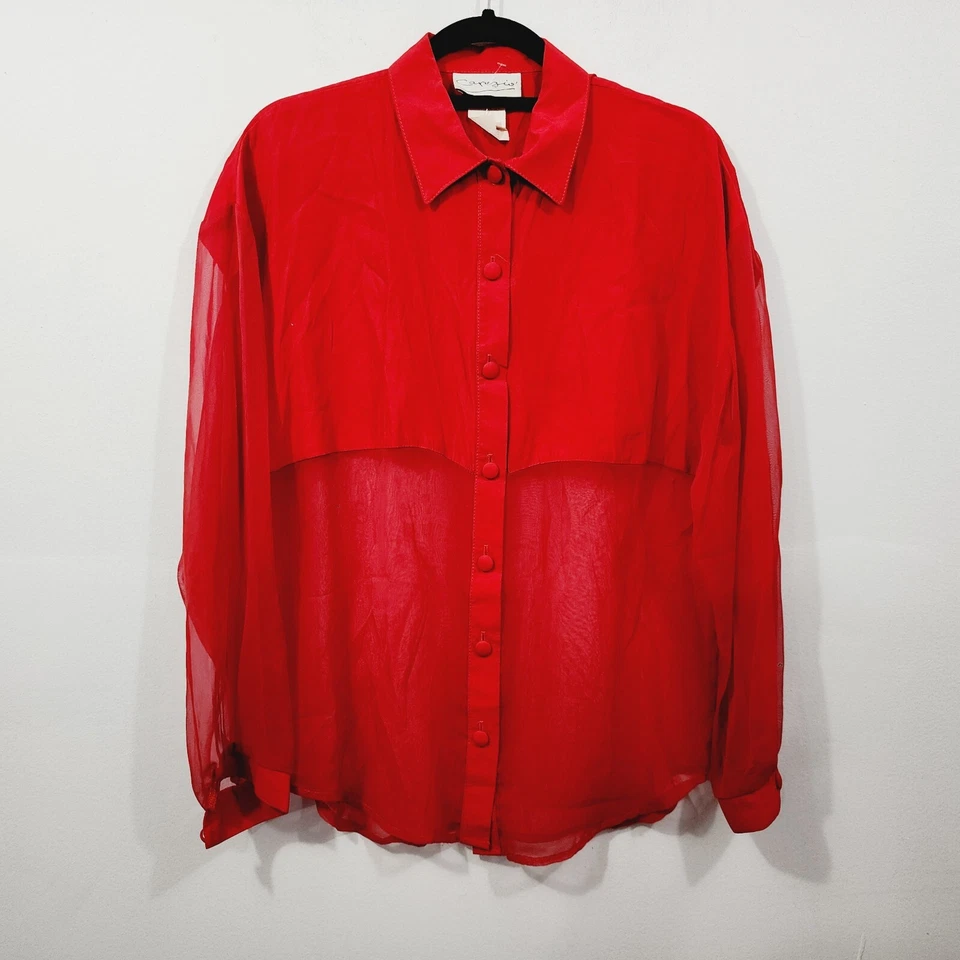 Vintage Capezio Silky Sheer Button-Down Blouse Top in Red Women's Size M Rayon - Image 2 of 4