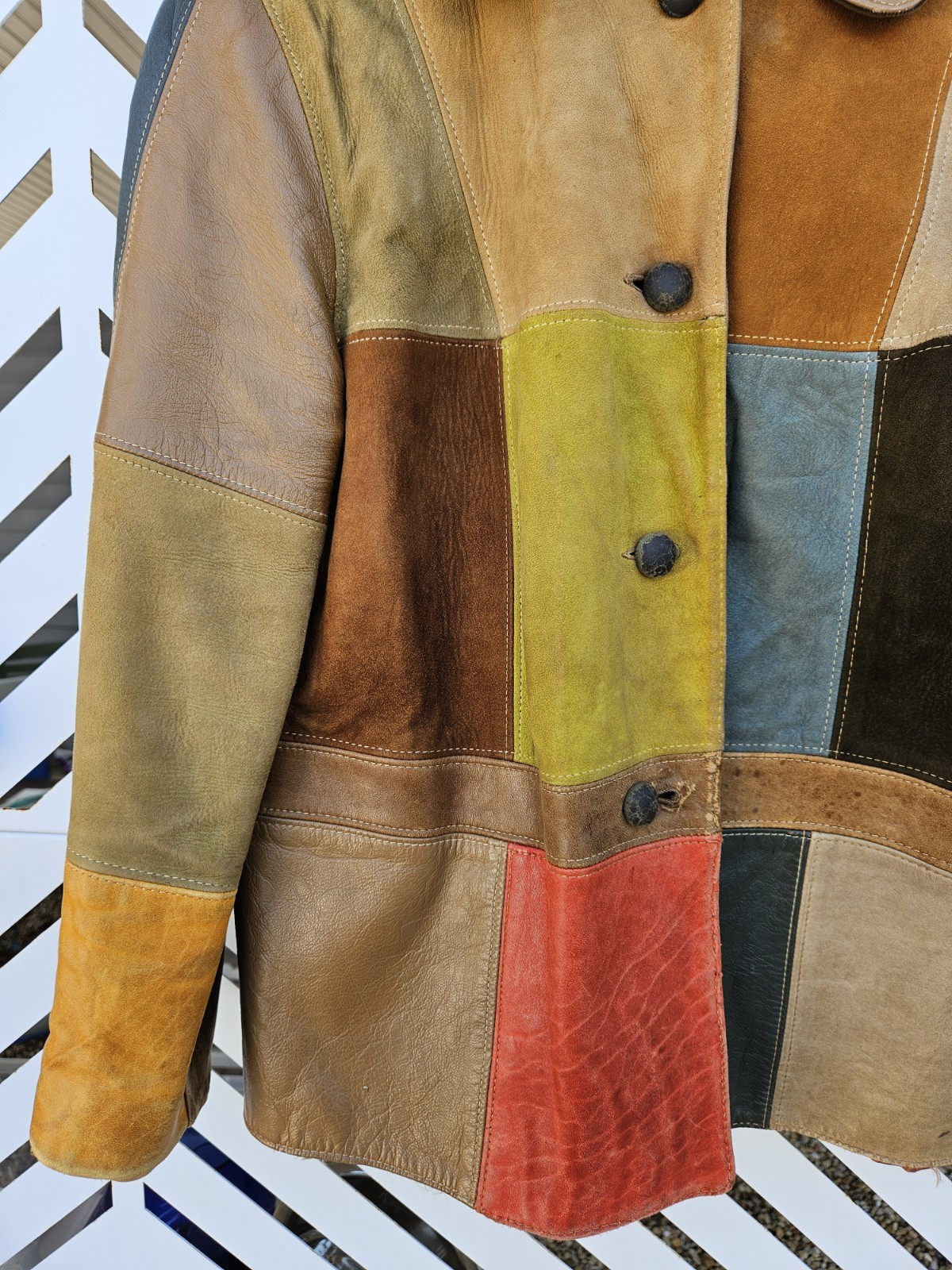 VTG 70S Multicolor Patchwork Leather Button Jacke… - image 8