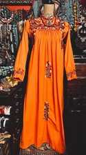 Rare Vintage Oaxaca Orange  Multi Color Embroidery With Long Sleeves Dress S/M