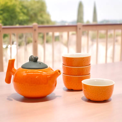 Ancient Wisdom Orange Ceramic Tea Set with Tea Bowl and 4 Cups
