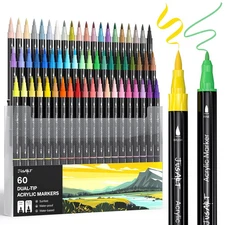 60 Colors Dual Tip Acrylic Paint Pens Markers, Brush and Fine Tip,