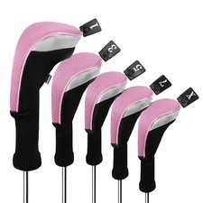 Long Neck Golf Club Cover Set 5pcs Black Pink Nylon Mesh with Interchangeable...