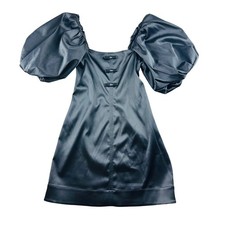 GANNI Mini Dress Women 6 Blue Satin Puff Sleeve Square Neck Cocktail Coquette