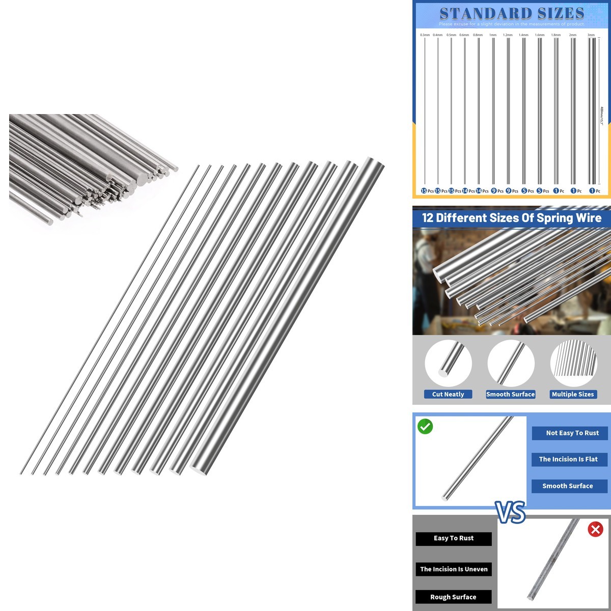 Glarks 104Pcs Stainless Steel Spring Wire Kit - 0.3-3mm Diameter, 400mm Length