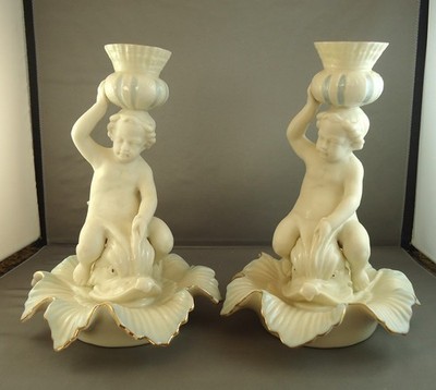 Pair Vintage Belleek Cherub Dolphin Candlesticks, Irish Porcelain