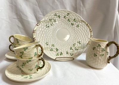 Belleek Shamrock Basketweave Bread Platter, Creamer, 4 cups with Saucers