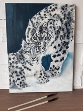 Schneeleopard Ölgemälde - Original Mutter und Baby Tierkunst 12 x 16