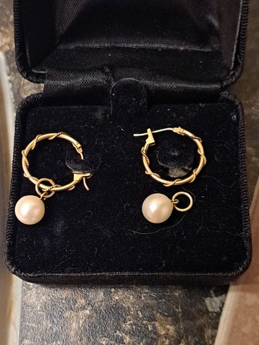 New 14K Yellow Solid Gold Loop Designer Earrings Worn With Pearl Or Without - Picture 18 of 24