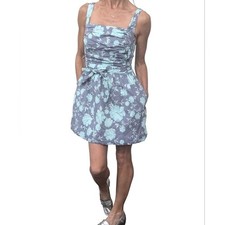 Free People Floral Mini Dress Womens Small Open Back Ruched Blue Cotton
