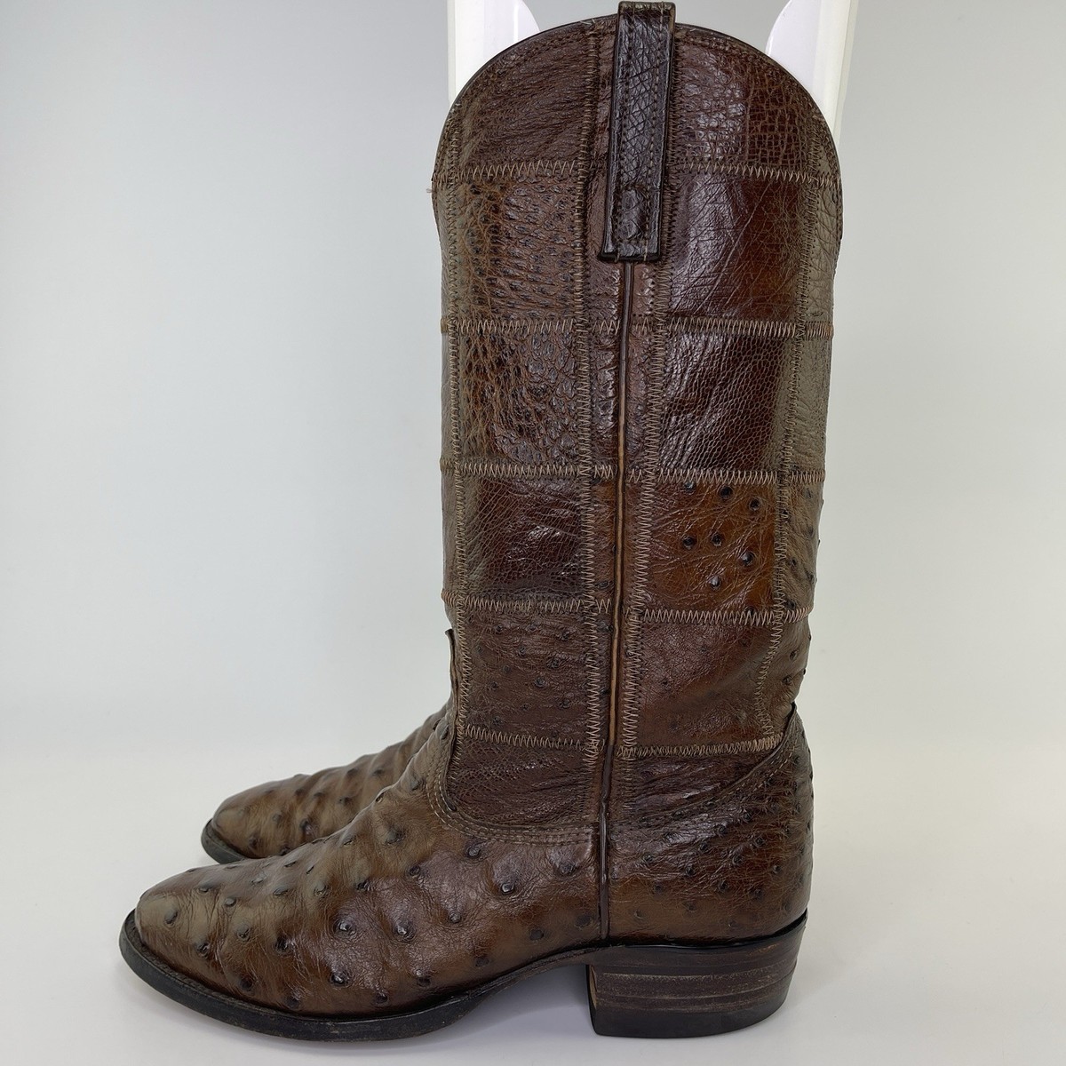 Nocona Full Quill Ostrich Patchwork Brown Leather Cowboy 