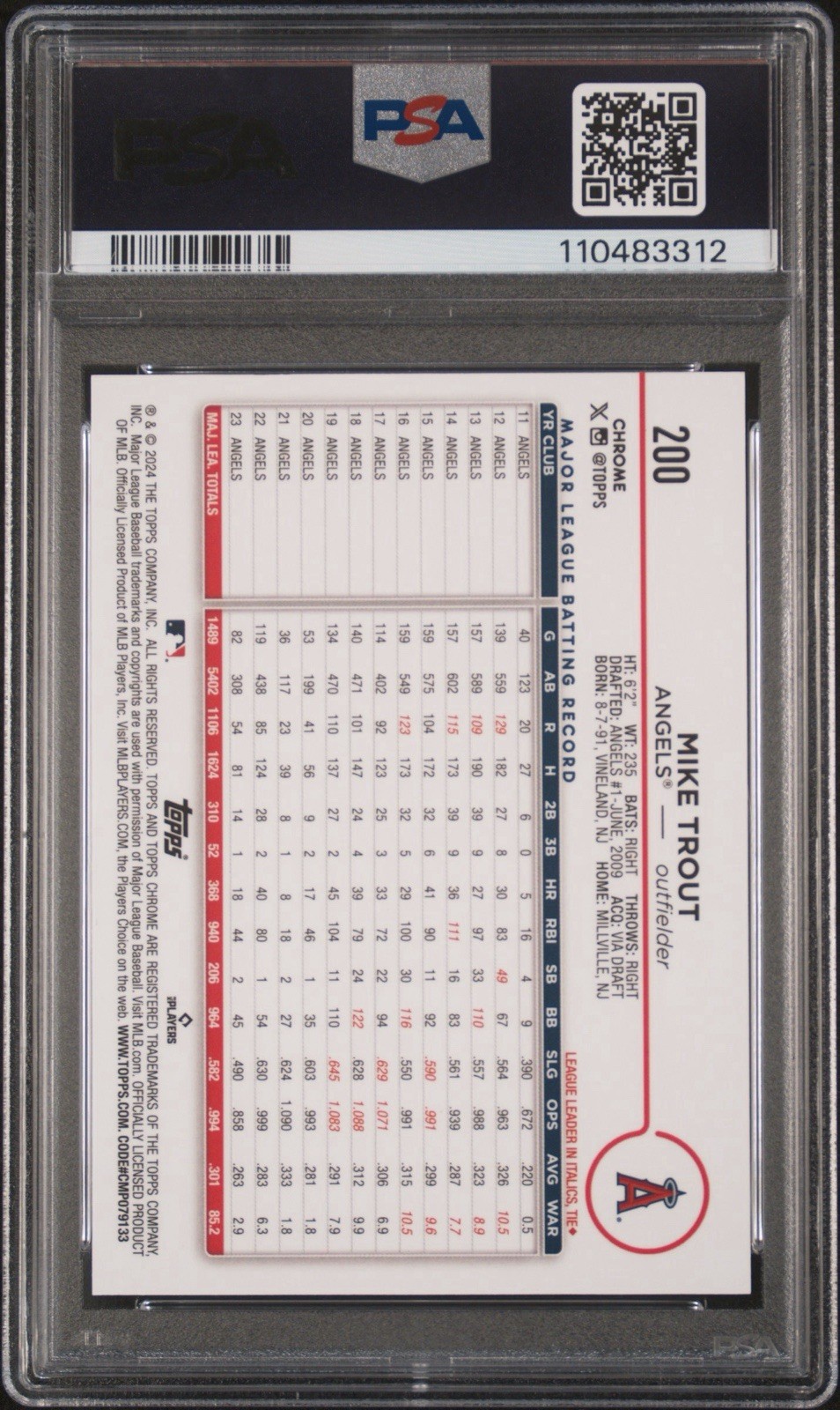 2024 Topps Chrome Logofractor Mike Trout #200 Black Refractor /10 PSA 9 Mint SSP view 2