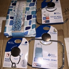 Four Bathroom Items; Shower Curtain, Towel Ring, Robe Hook, Toilet Roll Holder