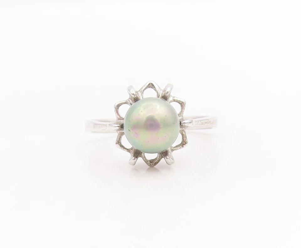 925 Sterling Silver Vintage Ring Minimalist Pearl Floral Outline  Sz 8  RG34239 - Image 2 of 4