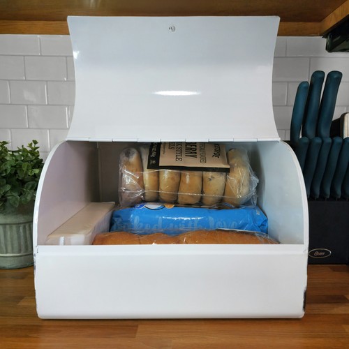 Large White Bread Box; Farmhouse Enamelware Family Size Countertop Bread Bin - Picture 7 of 10