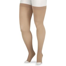 Juzo Soft Thigh High, Open Toe, Short, Silicone Band, 30-40mmHg Size: V Beige