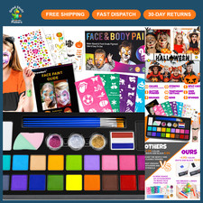 Kids Face Painting Kit - 20 Non-Toxic Water-Based Colors, Stencils  Brushes for