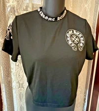 Chrome Hearts  Black  Short Sleeve  Cropped  Women's Top  Sz M/L  Roman Collar