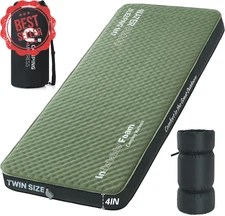 Self Inflating Sleeping Pad Twin 4" Foam Camping Mattress w/ Pump Sack Army Gree