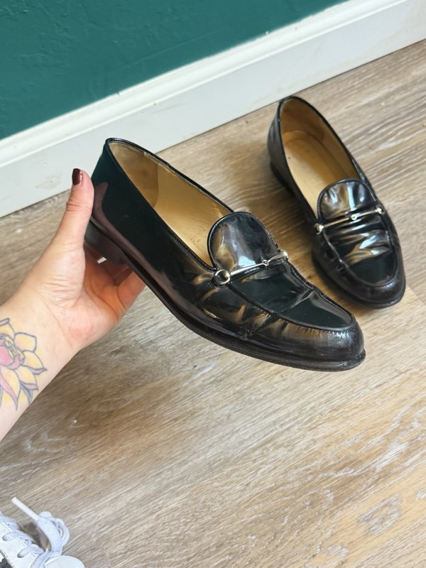 Gucci Women's Horsebit Black Patent Leather Loafer Flats Slip-On Almond Toe US 6
