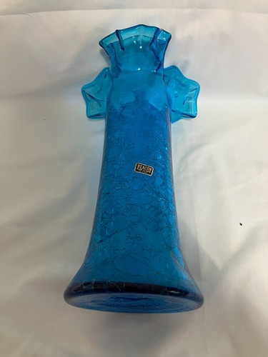 Beautiful Beacon Glass Blue Crackle Glass Vase Ruffle Top... 10.75" no damage - Picture 6 of 10