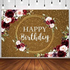Burgundy Floral Happy Birthday Backdrop Flowers Wreath Dark Bokeh Glitter Gol...