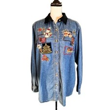 Vintage Bobbie Brooks Denim Christmas Button Up Shirt Women  s Sz M 8/10 
