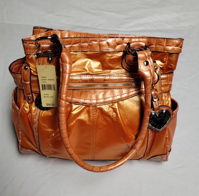 Genna De Rossi Golden Burnt Orange Faux Leather Purse w/ Studs Tote Shoulder Bag