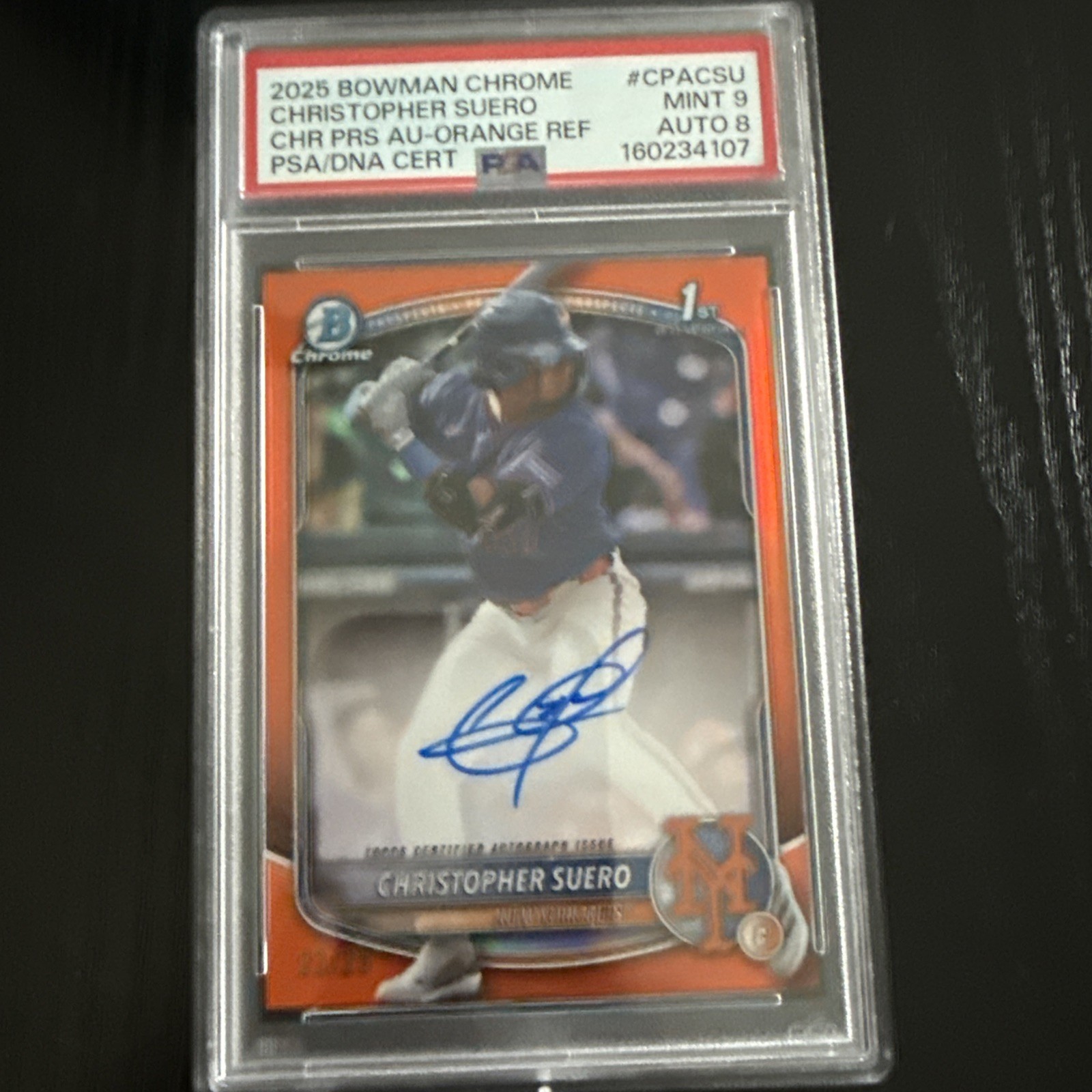 2025 Bowman Chrome Christopher Suero True Orange 1st Auto /25 PSA 10 Mets view 1