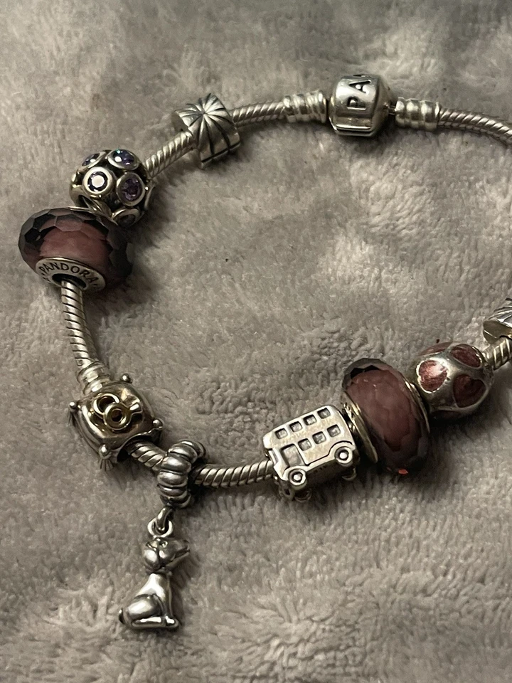 Pandora 925 Bracelet w 9 RETIRED Charms 14K Wedding Rings Tourism Bus Dog Hearts - Image 2 of 4