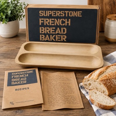 Superstone French Bread Baker Sassafras Stoneware Baking Pan W Box Recipes