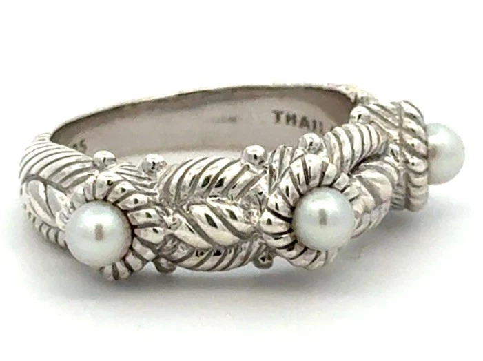 Designer Judith Ripka 925 Sterling Silver Three Pearl Twisted Cable Ring - Image 2 of 4