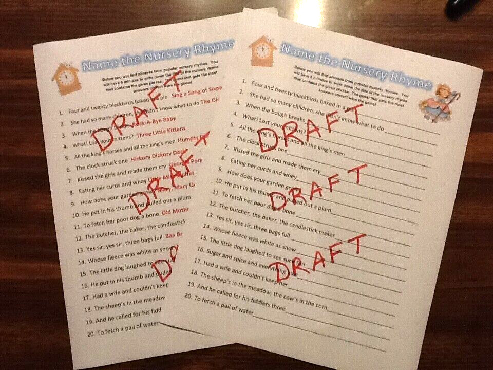 20 Sheets Nursery Rhyme Baby Shower Game + Answers Provided