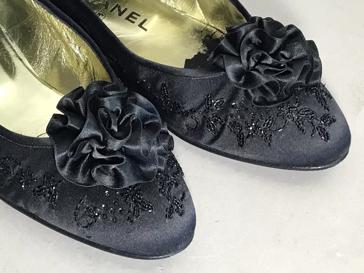 Pair COCO CHANEL Black Satin Ballet Flats 6 1/2 Flower & Beaded with  Box & Bag