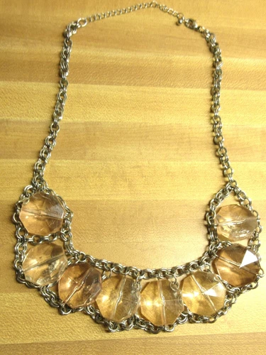 VTG 21" silver tone metal chunky see through pink decor Necklace costume jewelry
