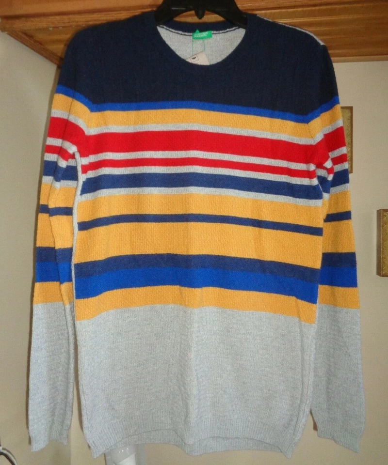 UNITED COLORS OF BENETTON HEATHER GRAY/MULTI STRIPE PULLOVER SWEATER NWT 13/14 - Image 2 of 4