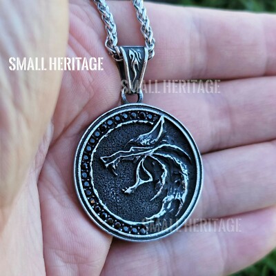 Wolf Head 316L Stainless Steel Necklace Wizard Witcher Pendant Amulet Men Women