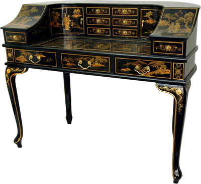 Gold Chinoiserie Ladies Lacquer Desk, 48, Black W/Hand Painted Chinoisorie