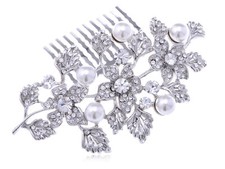 Silvertone Genuine Rhinestone Flowers and Leaves Cluster Fashion Hair Comb