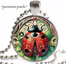 Ladybug NECKLACE Art Nouveau Print Silver Charm Pendant Necklace Good Luck Gift