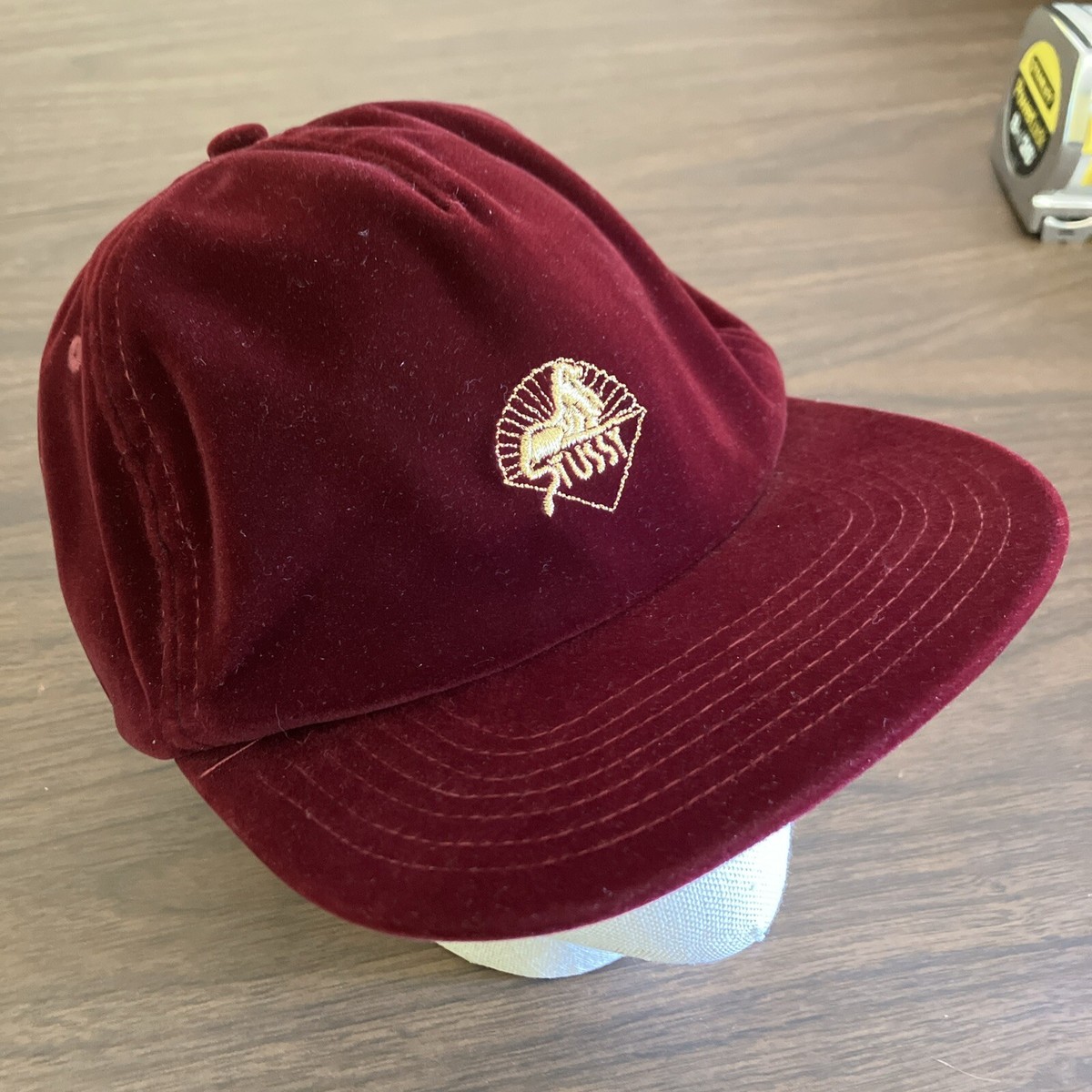 STUSSY Maroon Red Gold Lion Logo Velvet Adjustable Maroon Hat
