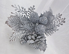 Christmas Artificial Silver Pine Cone Holly Floral Picks Lot of 15 Stems 7" Long