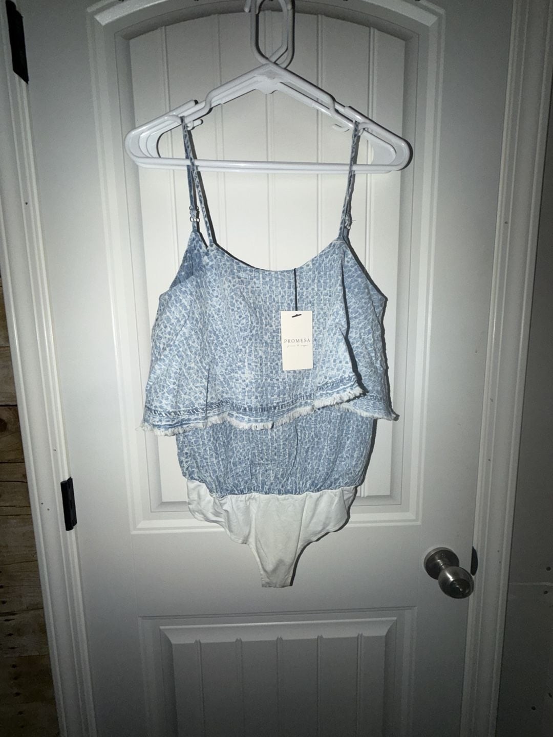 Promesa Flounce Ruffle Bodysuit in Light Blue Texture