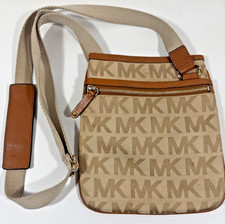Michael Kors MK Signature Jacquard Logo Crossbody Messenger Bag Beige Tan Brown
