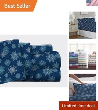 Queen Flannel Deep Pocket Sheet Set with Oversized Flat Sheet - Snow Flakes Navy