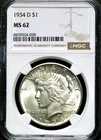 1934-D Peace Silver One $1 Dollar - NGC MS 62   CC747