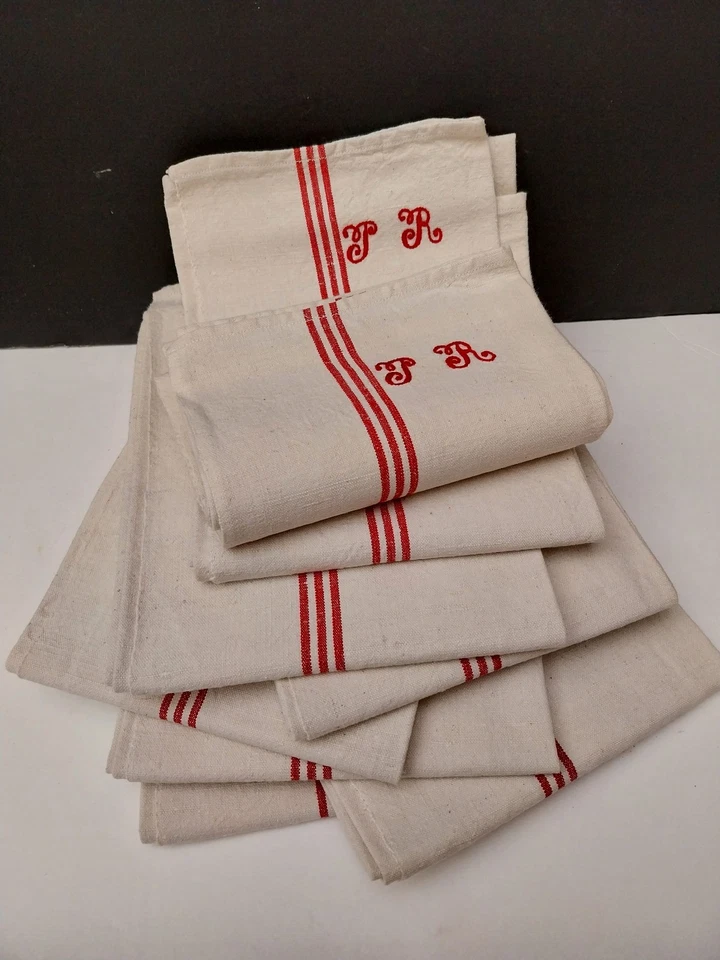 TORCHON ANCIEN LITEAUX ROUGE 95X50 METIS LIN ECRU MONOGRAMME vendu à l'unité - Photo 2/2